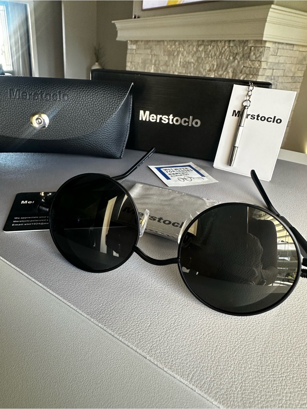 Merstoclo Round Polarized Sunglasses Black Steampunk Retro UV400 w/ Case NWT